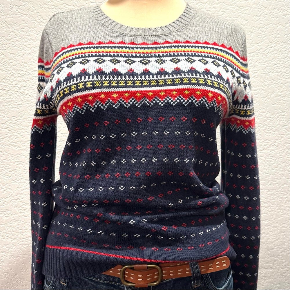 Lands' End Nordic Fair Isle Ski Sweater Pullover Crew Neck Trendy Navy Gray Red